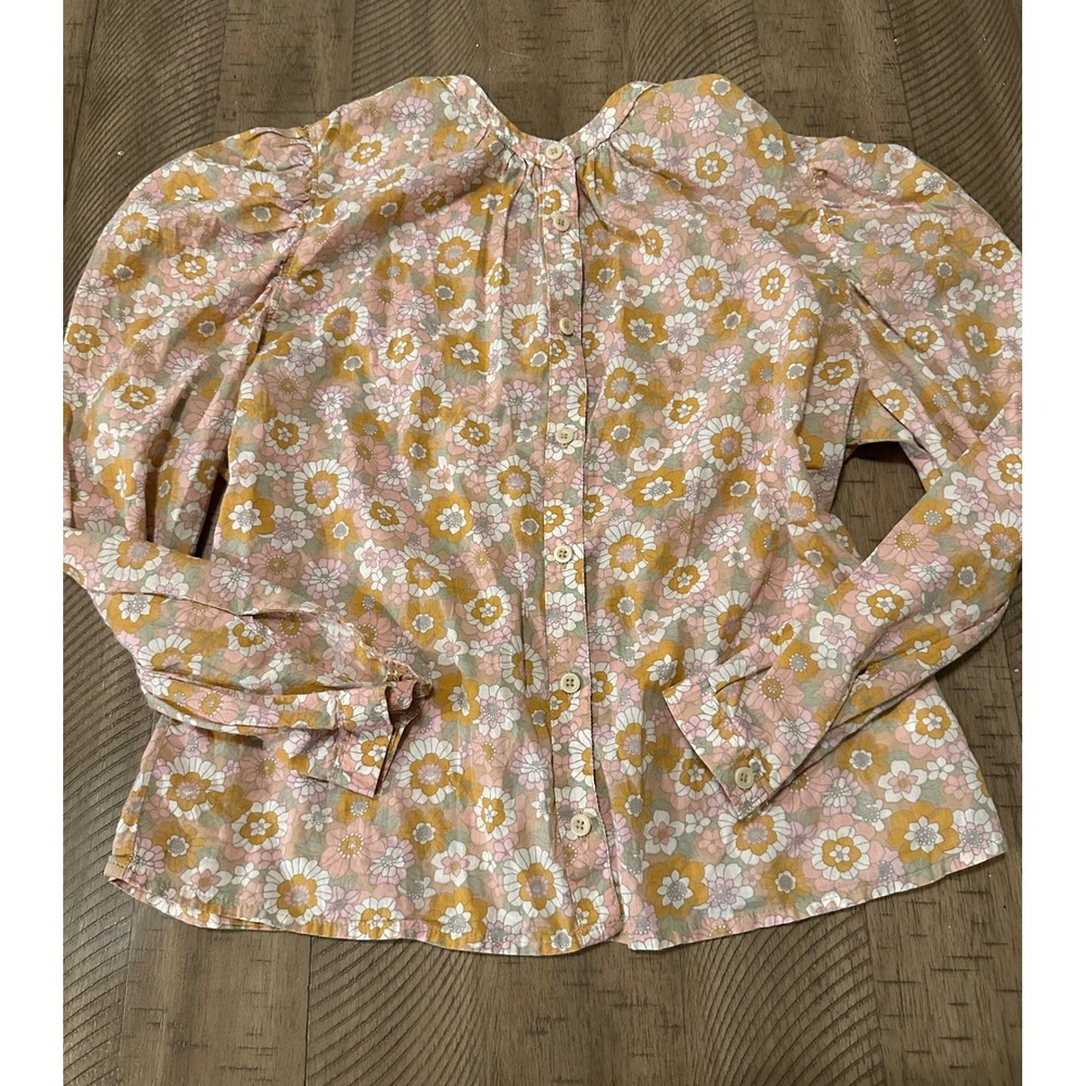 Women's Lee Retro 70s Floral Puff‎ Sleeve Blouse Button Back Cotton Top Medium